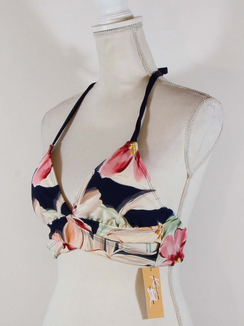 Kona Sol Timeless Garden Navy & Pink Floral Halter Bikini Top Size S 4-6 NWT